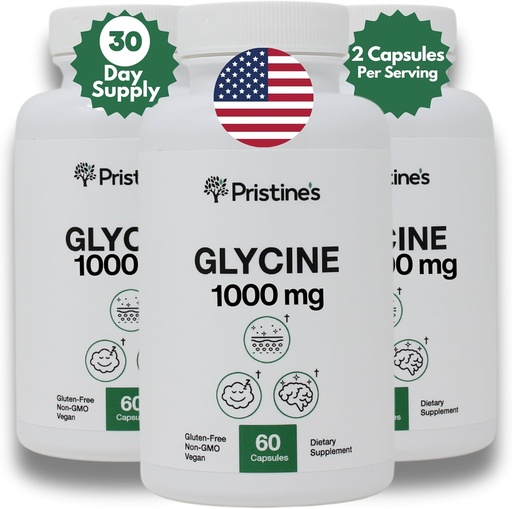 [BRSROCQYBN6BO3AV] Glicina de PRISTINE 1000MG Aminoácidos Suplemento de apoyo al sueño cápsulas (3-Pack) - 90 Day Supply - Recuperación de músculos, Kidney Health & Collagen Formation Support