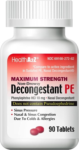 [BRSW2CYCOQHGEGTF] HealthA2Z® Decongestant PE | Phenylephrine HCl 10 mg | Maximum Strength | Non-Drowsy Nasal & Sinus Congestion Relief Due to Cold & Allergies (90 Count (Pack of 1))