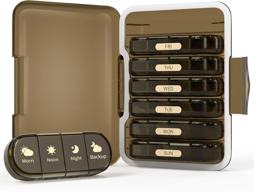 [BRSROZICBUMGO2DD] Weekly Pill Organizer 4 Times a Day, 7 Day Pill Box 4X, Portable for Travel Pill Case for Pills/Vitamin/Fish Oil/Medication/Supplements (4x7 Brown)