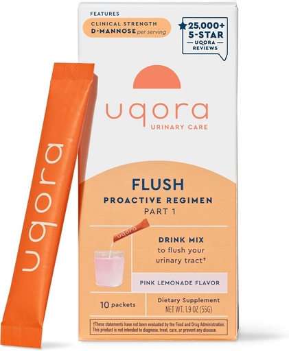 [BRSRAEDQAB7QKFA2] Uqora Flush - Urinary Tract* with D-Mannose, Vitamin C, Vitamin B6, Potassium, Magnesium & Calcium - Gluten-Free & Vegan - Pink Lemonade Flavor - 10 Packets (1 Pack)