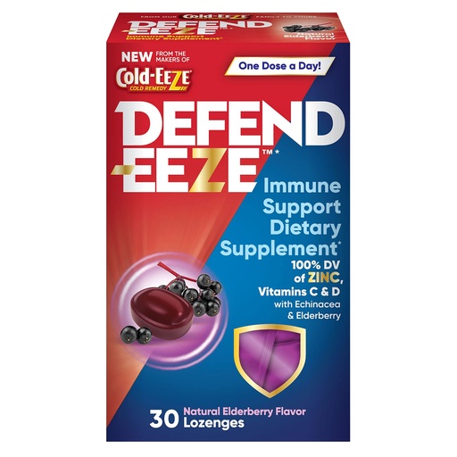 [BRSRMEABCAGWG2TB] Defend-EEZE Immune Support Dietary Supplement Lozenges, 100% Daily Value of Zinc, Vitamins C & D per Dose, with Echinacea & Elderberry, Elderberry Flavor, 30 Lozenges