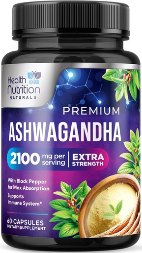 [BRSRAZICBUJRYAYZ] Suplementos Ashwagandha - 2100mg Cápsula Ashwagandha para Mulheres e Homens, Apoio Antioxidante Natural, Extrato de Raiz de Ashwa, Apoio Calmo Força Extra com Pimenta Negra, Vegan & Gluten Grátis - 60 Cápsulas