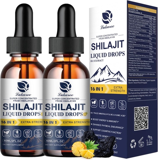 [BRSROAA5DIMGADL4] Lukaree 16-in-1 Shilajit Drops for Men and Women, Ashwagandha, Ginseng, Turmeric, Rhodiola, Amla, Sea Moss, Liquid Vitamin Supplement with 85+ Trace Minerals and Fulvic Acid, 2 FL Oz (2 Pack)