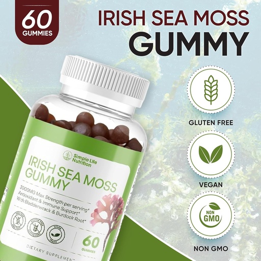 [BRSROA3YBF5QIDLL] Irish Sea Moss Gummies - Burdock Root eta Bladderwrack Natural Blend - Immune System Gut Cleanse & Thyroid Supplement - Skin and Nail Health - 60CT