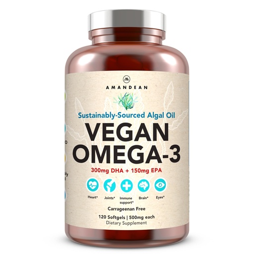 [BRSWGBA5AQPBQDL7] AMANDEAN Vegan Omega 3 Supplement. Premium Fish Oil Alternative. Algae DHA & EPA. Carrageenan Free Softgels. Algal Essential Fatty Acids. Plant Based Heart, Brain, Eye, Skin, Immune Support. (120ct)