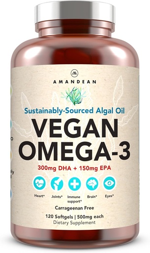 [BRSWGBA5AQPBQDL7] AMANDEAN Vegan Omega 3 Supplement. Premium Fish Oil Alternative. Algae DHA & EPA. Carrageenan Free Softgels. Algal Essential Fatty Asits. Plantive Heart, Brain, Eye, Skin, Immune Support. (120ct)