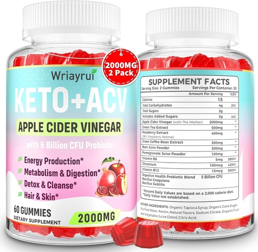 [BRSRA234CQCA4FI3] Keto ACV Gummies with Probiotics & Vitamin B12, 2000mg Apple Cider Vinegar Gummies with Mother, for Metabolism, Digestion, Detox & Cleanse, Sugar Free, Vegan-Friendly, 120 Gummies