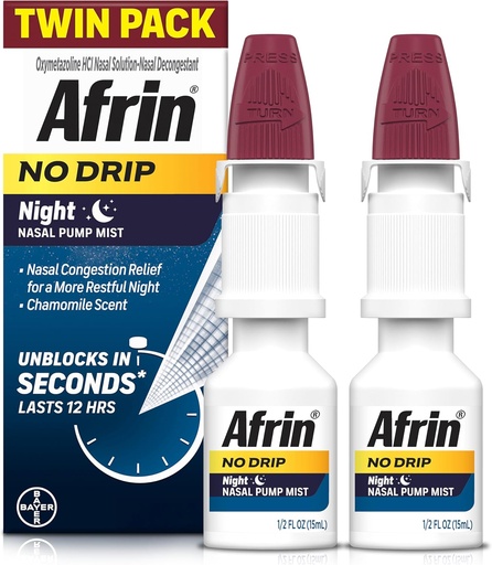 [BRSRAYYFBN7QGHYY] AFRIN No Drip Night Nasal Mist Twin Pack, Non-Drowsy, Fast-Acting Decongestant för Restful Sleep med Chamomile Scent, Vuxna och barn 6 och äldre, .5 fl oz (Pack of 2)