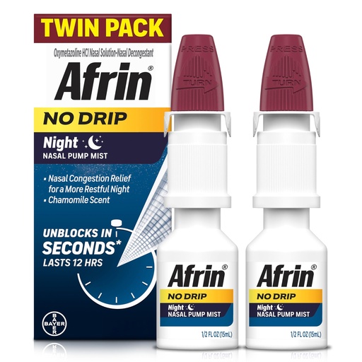 [BRSRAYYFBN7QGHYY] Afrin No Drip Night Nasal Mist Twin Pack, Non-Drowsy, Fast-Acting Decongestant for Restful Sleep with Chamomile Scent, Adults and Children 6 and Older, .5 fl oz (Pack of 2)