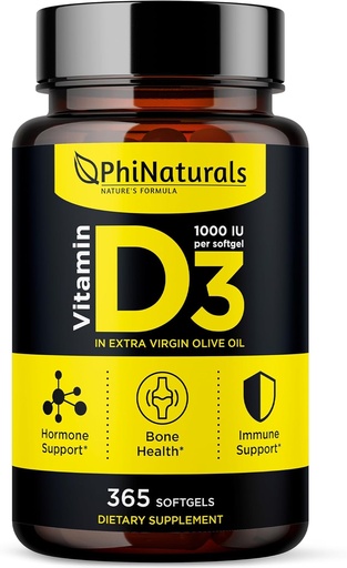 [BRSWGZAYCF5WEDT3] PhiNaturals Vitamin D3 1000iu Softgels Supplement Olive Oil Base 365 Gel Caps One Year Supply of VIT D, Vitamina D 3 1000 iu
