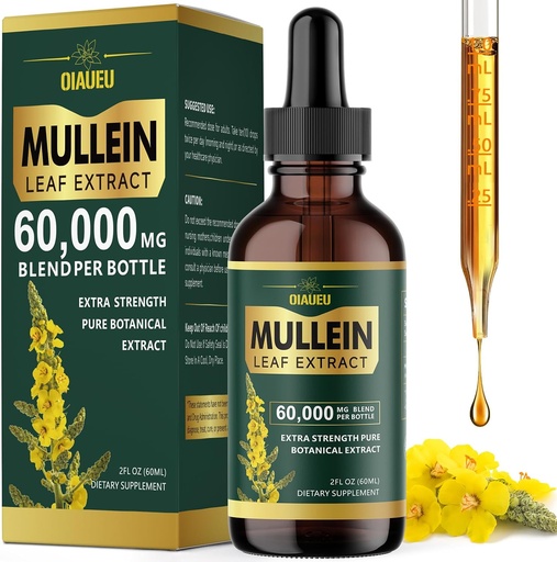 [BRSRAH34OQMBO3DP] Organiska Mullein Drops för Lungs, Mullein Leaf Tincture Support Lung Cleanse, Natural Supplement Liquid Extract för Lung Detox och Respiratory Health, Vegan, 2 fl oz