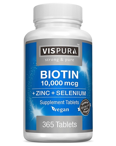 [BRSWGAQZOB4BQGQV] Biotin 10000 mcg + Zinc + Selenium, Pure, Vegan & Extra Strong, Best Supplement for Hair Growth, Glowing Skin, Strong Nails*, 365 Tablets for 12 Months, Natural Without Additives