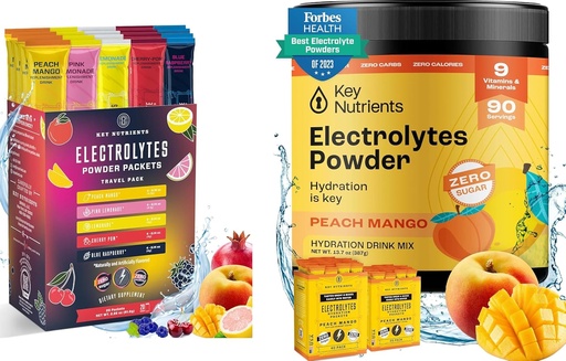[BRSRAGIQAF4BQAAZ] KEY NUTRIENTS Ultimate Hydration & Multivitamin Duo: 20-Pack Variety 5 Flavors + 90-Serving Tropical Peach Mango Electrolytes Powder