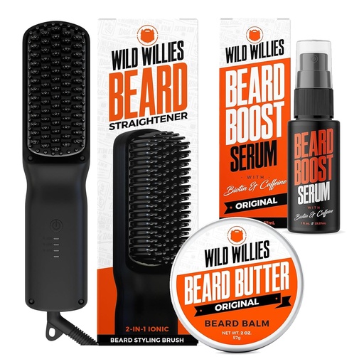 [BRSROED6CR5REELJ] Wild Willies Beard Care Kit: Heated Beard Straightener for Men, Beard Butter, & Beard Growth Serum - Ultimate Grooming Tool Set, Beard Balm, Hydrating Serum, Hot Comb Beard Brush for Daily Use