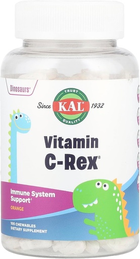 [BRSWIYTYCUPQIETO] KAL C-Rex Chewable Vitamin C for Kids, Immune Support Supplement with Bioflavonoids from Rose HIPS, Rutin & Acerola, Tasty Orange, Fructose Free, Chewable Tablets