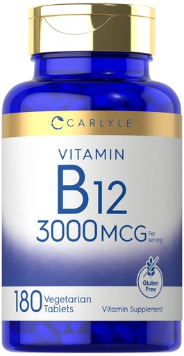 [BRSROZQTCQCGGD33] Carlyle B12 Vitamin 3000 mcg | 180 Tablets | Vegetarian Supplement | Non-GMO & Gluten Free