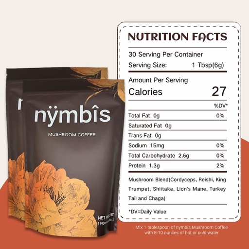 [BRSRAAQOB4OREYAV] nymbis Mushroom Coffee | Ground Coffee with 7-Mushrooms Blend (Cordyceps, Lion's Mane, Reishi, Chaga, Maitake, Shiitake, Turkey Tail) | INSTANT COFFEE | 30 Servings