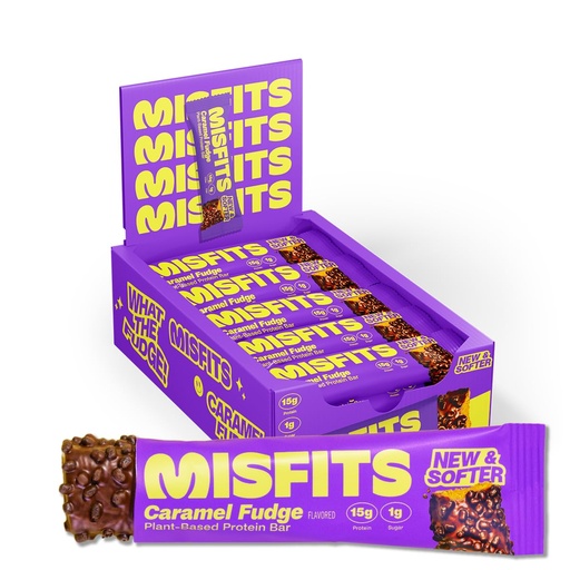 [BRSWYYA2DEORYE3B] Misfits Vegan Protein Bars, Caramel Fudge - Updated Recipe | Plant Based, Low Sugar & Carb, High Fiber Snacks | Pack of 15