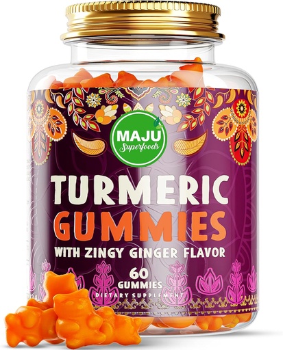 [BRSWYGIBOAPAKADD] Superalimentos Maju Gummies Curcumin Cúrmica 60ct, gosto de gengibre Zingy, Extrato de pimenta preta para absorção e potência melhoradas, Gummies Cúrmicas para adultos e crianças