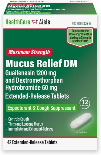 [BRSW2Z32CEIGMDTZ] HealthCareAisle Guaifenesin 1200 mg Dextromethorphan Hydrobromide 60 mg Extended Release Tablets - 42 Count - Mucus Relief Expectorant and Cough Suppressant Chest Congestion Relief에 대한 공식화