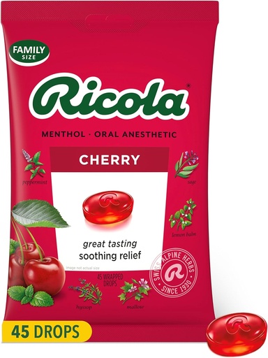 [BRSRMAD7DMBQOEI3] Ricola Cherry Throat Drops, 45 comtes, gouttes quotidiennes pour le délicieux rafraîchissement de la gorge, anesthésie orale, naturellement aromatisée