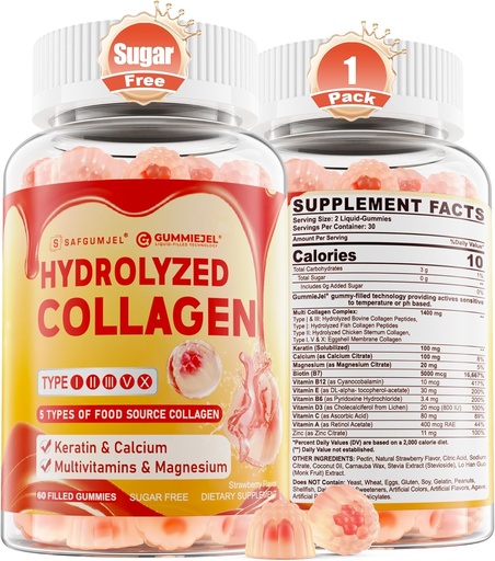 [BRSROHQ3OQBBGETK] Collagen Peptide Gummies for Women Men, Sugar Free Multi Collagen Supplement, 1400mg Hydrolyzed Collagen Types I II III V X, 5000mcg Biotin, Vitamin C A E D3 B6 for Hair, Skin & Nails, Bone, 60Cts
