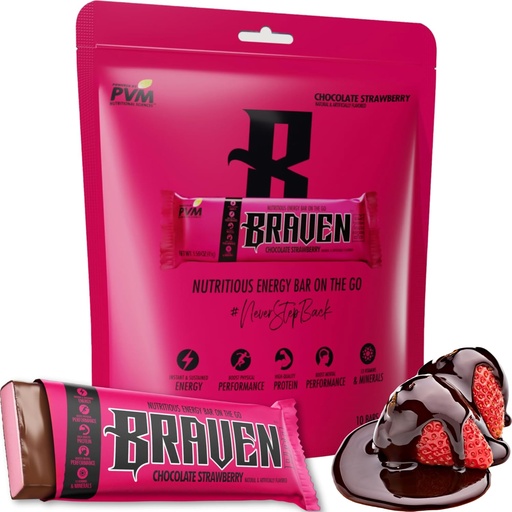 [BRSROFIRPINWMFIZ] Braven Bar Chocolate Strawberry Energy Bars (1.59 oz, 10'un Paketi) – 5g Protein ile Enerji Chews – Koşu, Hiking ve Spor için Enerji Snacks - Sustained Enerji Boost
