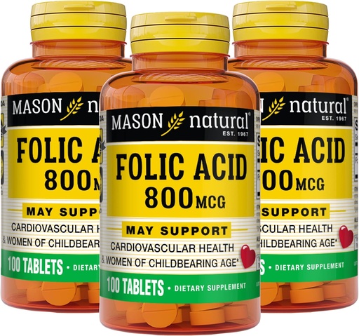 [BRSRMFIEAEJW2CLL] MASON NATURAL Folic Acid 800 mcg - Assists Nervous System Function, Daily supplement for Health, Mood and Prenatal Care, for Women of Childbearing Age, 100 Tablets (Pack of 3)