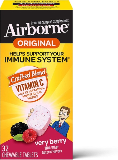 [BRSWYZYLPN6RM3Y7] Airborne 1000mg C-vitamin tyggetabletter med zink, immunsupporttillæg med stærke antioxidanter Vitamin A C & E - 32 tyggetabletter, meget berry flavor