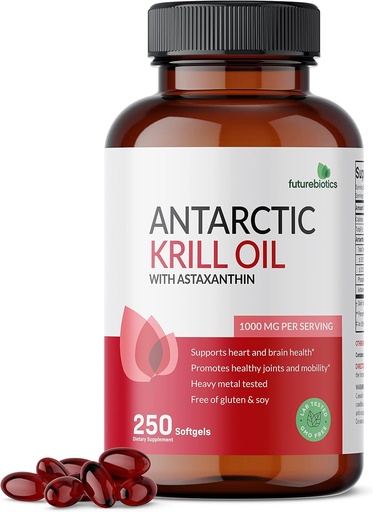 [BRSRMFIEOEHAGFLB] Futurobióticos Aceite de Krill Antártico 1000mg con Omega-3s EPA, DHA, Astaxanthin y fosfolípidos - 100% Aceite de Krill Premium puro de metal pesado, no GMO – 250 Softgels (125 Servimientos)