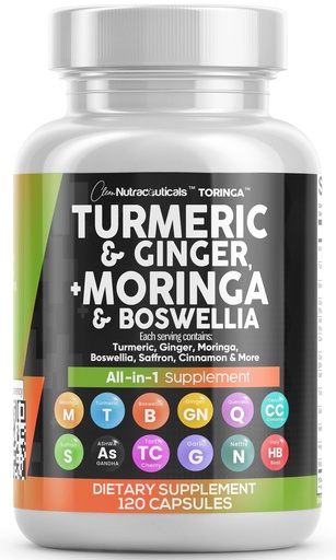 [BRSRMBIKBB7WCHY6] Clean Nutraceuticals Turmeric Moringa Supplement | Ginger Boswellia Saffron - Supplement for Women and Men with Ceylon Cinnamon, Tart Cherry, Quercetin Garlic Nettle Holy Basil - 1Pack