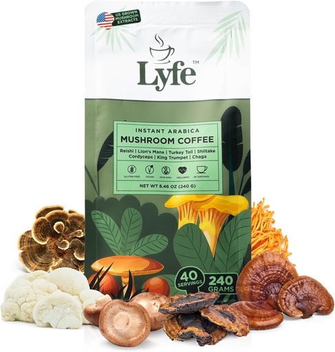 [BRSRAHT3OAORODYY] LYFE Organic Instant Mushroom Coffee – Lion’s Mane, Chaga, Cordyceps, Turquía Tail  USA Grown Adaptogenic Mushrooms for Better Energy, Focus, Gut Health, Immunity – 40 Servings