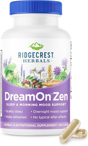[BRSWGHYKO4NAIAA4] Ridgecrest Herbals DreamOn Zen, Sleep Support Supplement, Melatonin Free, Magnesium, 5-HTP, Lavender, Chamomile, Valerian, Lemon Balm for Adults and Children 12+ (60 Caps, 30 Serv)