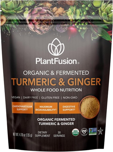 [BRSWKEA3AUMQECDI] PlantFusion Turmeric and Ginger Drink Mix - Fermented Whole Food Nutrition, Herbal Supplement Toz with Curcuminoids - USDA sertifikalı Organik, Non-GMO, Vegan, Gluten-Free, 4.76 oz 30 Hizmetler