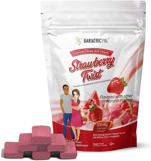 [BRSWY2YEAUOQGHY6] BariatricPal Free Calcium Citrate Soft Chews | 500 מ"ג עם ויטמין D & Probiotics | Strawberry Twist | 90 Count (1 חודש אספקה)