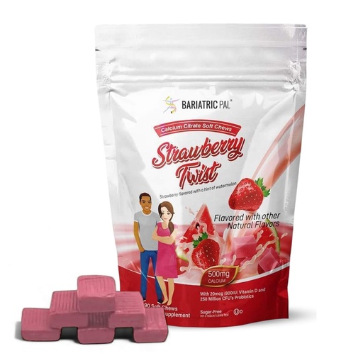 [BRSWY2YEAUOQGHY6] BariatricPal Sugar-Free Calcium Citrate Soft Chews | 500mg with Vitamin D & Probiotics | Strawberry Twist | 90 Count (1 Month Supply)