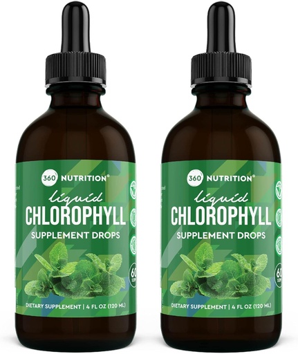 [BRSROZYZAUBQ22D6] 360 Nutrition Chlorophyll Liquid Drops with Peppermint Oil, GF & Vegan Body Internal Deodorant Supplement, Supports Gut Health, Digestion, Energy, Radiant Skin, Fast Absorption (4 Fl Oz (2 Count))