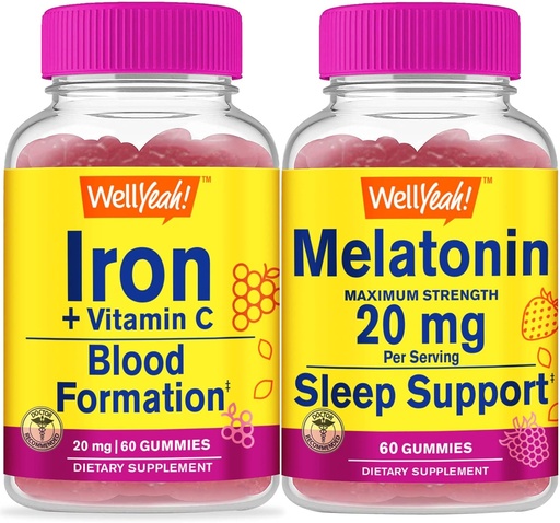 [BRSROBANOUNWGD3L] WellYeah Iron+Vitamin C + Melatonin 20mg, Gummies Bundle - Great Tasting, Vitamin Supplement, Gluten Free, GMO Free, Chewable Gummy