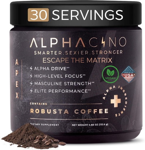 [BRSROBQQB4PQI3LO] Alphacino Apex Instant Mushroom Coffee - Black Maca Ashwagandha + Energy Drink Powder for Men, Ideal for Muscle Building Growth, Sharp Focus & Stamina, Mens Energy Powder Drink Mix, S7-30SV (4.68 oz)