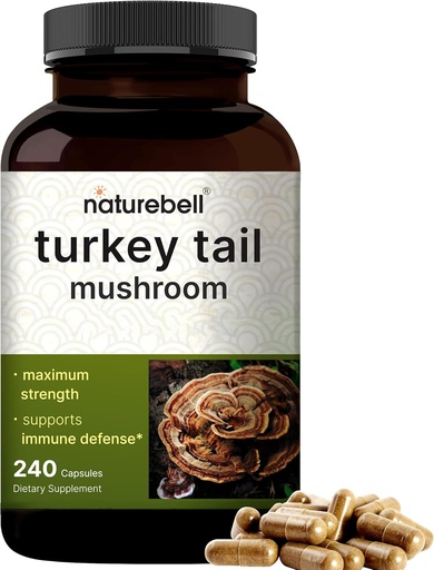 [BRSWGCYPOZ5W22QY] NatureBell Turkey Tail Mushroom Capsules 15,000mg Per Serving, 240 Count ® 124; 25: 1 Fruiting Body & Mycelium Extract - Imuninis & smegenų sveikatos grybų priedas.
