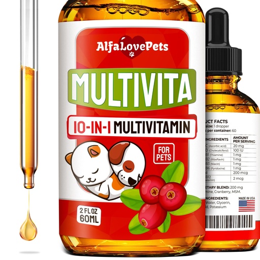 [BRSRMAI3AUDQI3D3] Liquid Multivitamin for Dogs – Cat Multivitamins for Indoor Cats – 10-in-1 Liquid Dog Vitamins B Complex, C, D3 – Digestion, Urination, Hip & Joint, Skin & Coat – Cranberry Flavor – 2 Oz