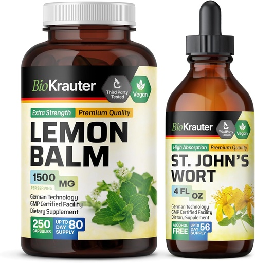 [BRSRAGAODEBRAHTA] BIO KRAUTER Lemon Balm 250 Capsules & St. John’s Wort Tincture 4 Fl. Oz.