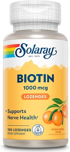 [BRSWIYT3OMAGI23E] SOLARAY Biotin 1000mcg Lozenges - Biotin Supplement with Vitamin A - Nerve Function and Cellular Energy Support - Natural Orange Juice Flavor, Great Taste, 60-Day Guarantee, 100 Servings, 100 Lozenges