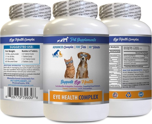[BRSWGHD6BUIQEYD5] Vitamines des yeux de chien - Complexe de santé des yeux en PET - Chiens et chats - Soutiens Vision des yeux - astaxanthine pour chiens, Supplément Vision des yeux pour chiens et chats, Vitamines de santé des yeux Lutéine et zéaxanthine 1Bot 60Tabs