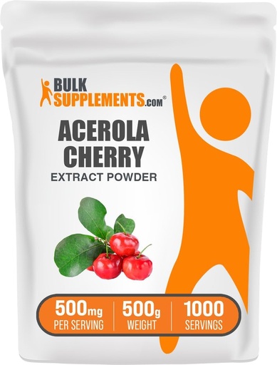 [BRSWYEL3PMHWYD3K] BulkSupplements.com Acerola Cherry Extract Powder - Natural Vitamin C Supplement, Acerola Cherry Powder - Vegan & Gluten Free, 500 мг на порцию, 500 г (1,1 фунта) (пакет 1)