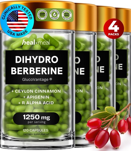 [BRSRAGDQBYBQAAY4] Suplemento Dihidroberine - Suplemento Dehydro Berberine - Suplemento Super Berberine con canela de Ceylán &amp; Acido Lipoico R Alpha &amp; Apigenina - Hidroberina 480 caps (4 Packs)