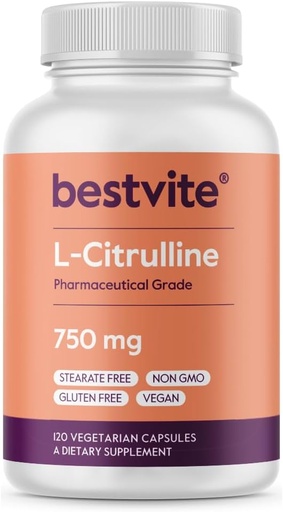[BRSWKH3ZOQPQEYLP] BESTVITE L-Citrulline 750mg por cápsula (120 cápsulas vexetarianas) - Sen Stearates - Non Silica - Sen recheos - Non GMO - Gluten Free - Vegan