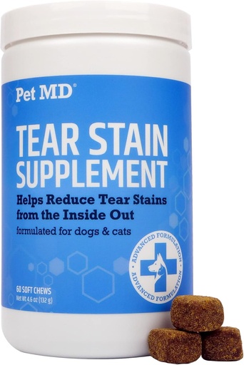 [BRSRMELQCQDQE3I2] Pet MD Tear Stain Remover for Dogs & Cats - Antioxidant Eye Care Supplement with Lutein, Cranberry, & Omega 3 & 6 - Cat & Dog Tear Stain Remover Chews for White & Light Fur - 60 ct
