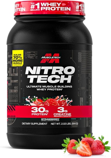 [BRSWI2QABN4BMCYV] Muscletech Whey Protein Powder (Strawberry, 2.2 Pound) - Nitro-Tech Ultimate Muscle Building Formula with Whey Protein Isolate - 30g of Protein, 3g of Creatine & 6.8g of BCAA - Packaging May Vary