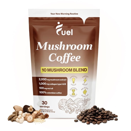 [BRSROYICBF6QIAYZ] Fuel Brain Boost Mushroom Coffee Nutrition, Organic Blend for Gut Health, Lion's Mane Powder, Chaga & Mushroom Powder Low Caffeine Instant Coffee, Nootropics Drink, 30 Servings